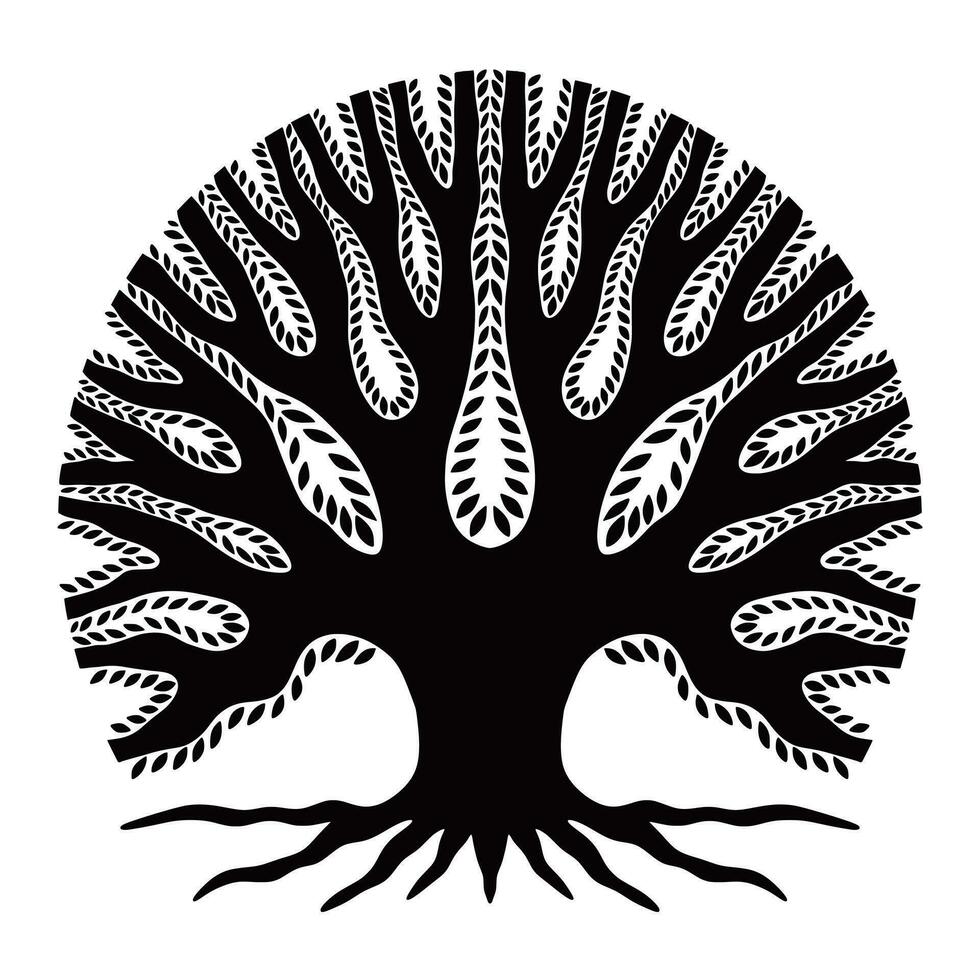 estilizado família árvore modelo, Genealogia árvore com raízes, galhos e folhas, Preto e branco silhueta, isolado em branco vetor