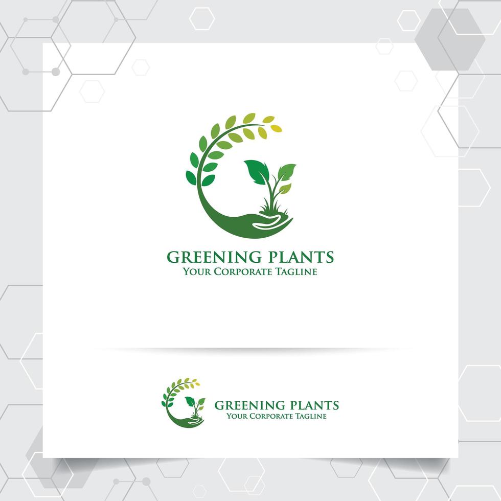 agricultura design de logotipo com o ícone de mão e o vetor de plantas.