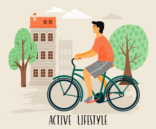 Ilustração do vetor do homem em uma bicicleta. Estilo de vida saudável.