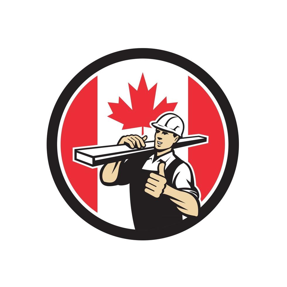 carpinteiro madeira andando com os polegares u mascote da bandeira do Canadá retrô vetor