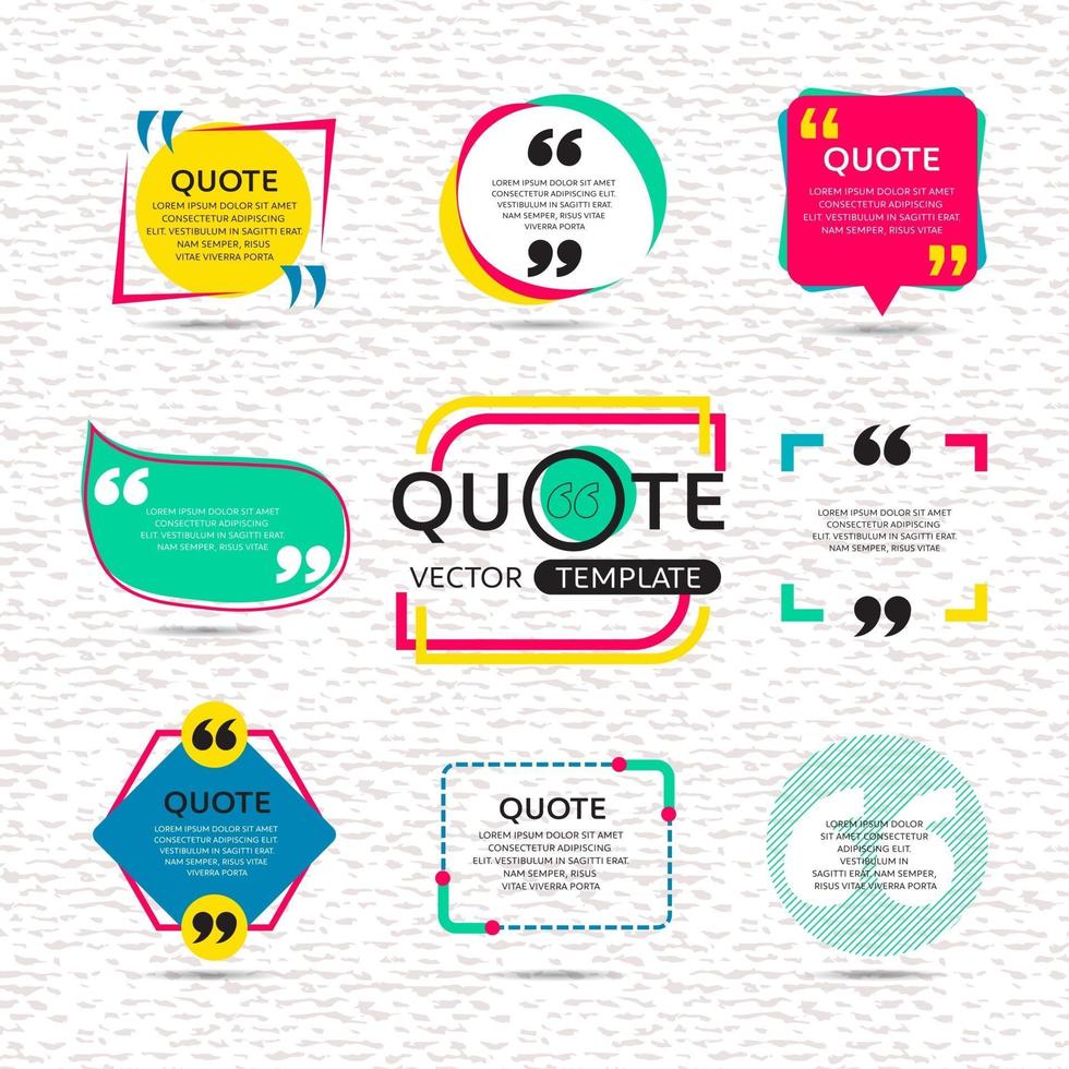 conjunto de vetores de modelo de texto de citação criativa com fundo colorido