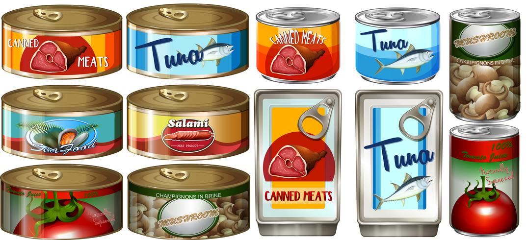 Comida diferente em latas de alumínio vetor