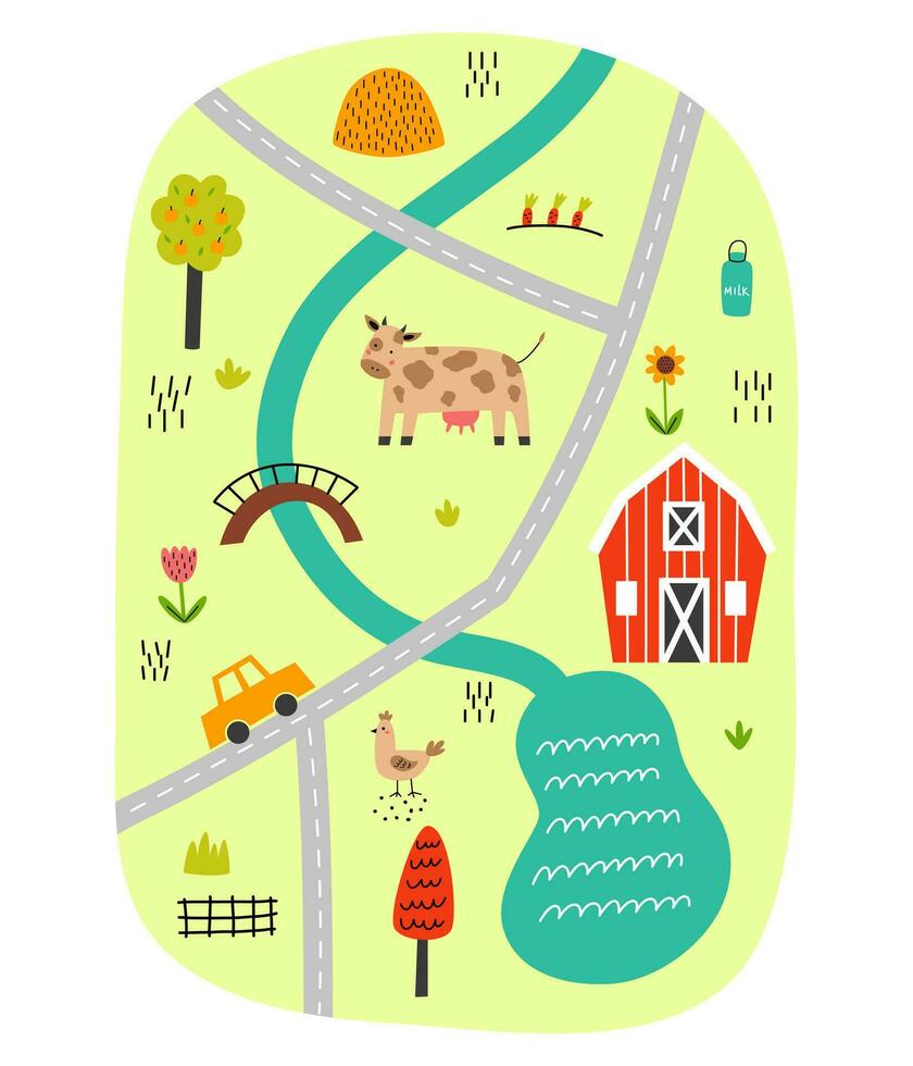 fofa Vila mapa com casas e animais. mão desenhado vetor ilustração do uma Fazenda. Cidade mapa O Criador.