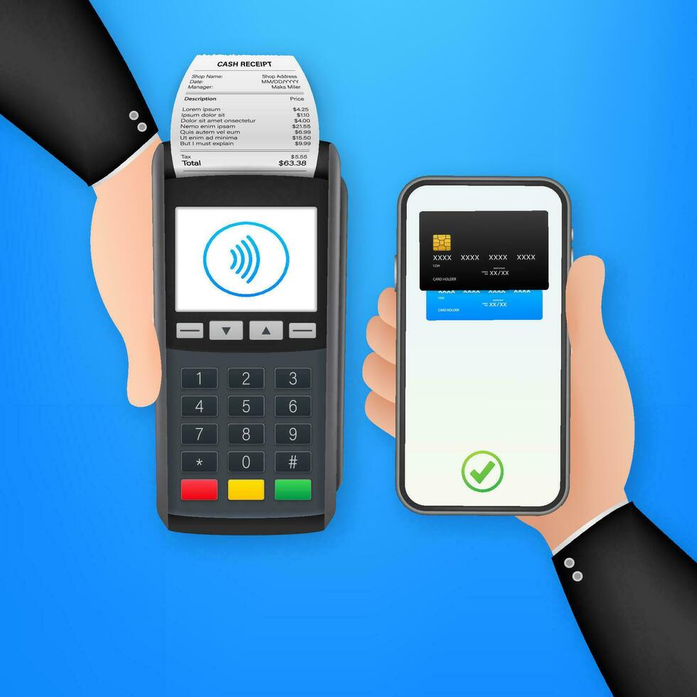 sem contato Forma de pagamento métodos Móvel inteligente telefone e sem fio pos terminal realista estilo. vetor estoque ilustração.