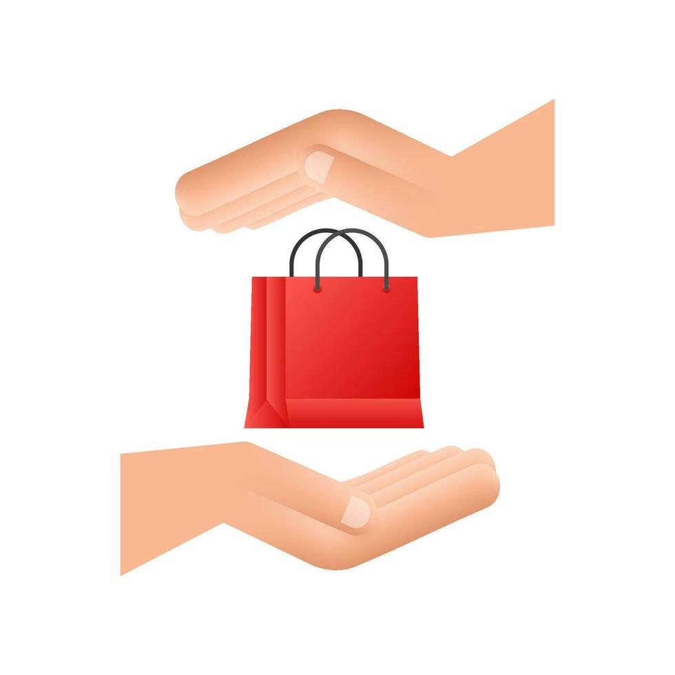 conectados compras e comércio conceito com conectados compras e marketing ícone. mãos segurando compras bolsas. vetor ilustração