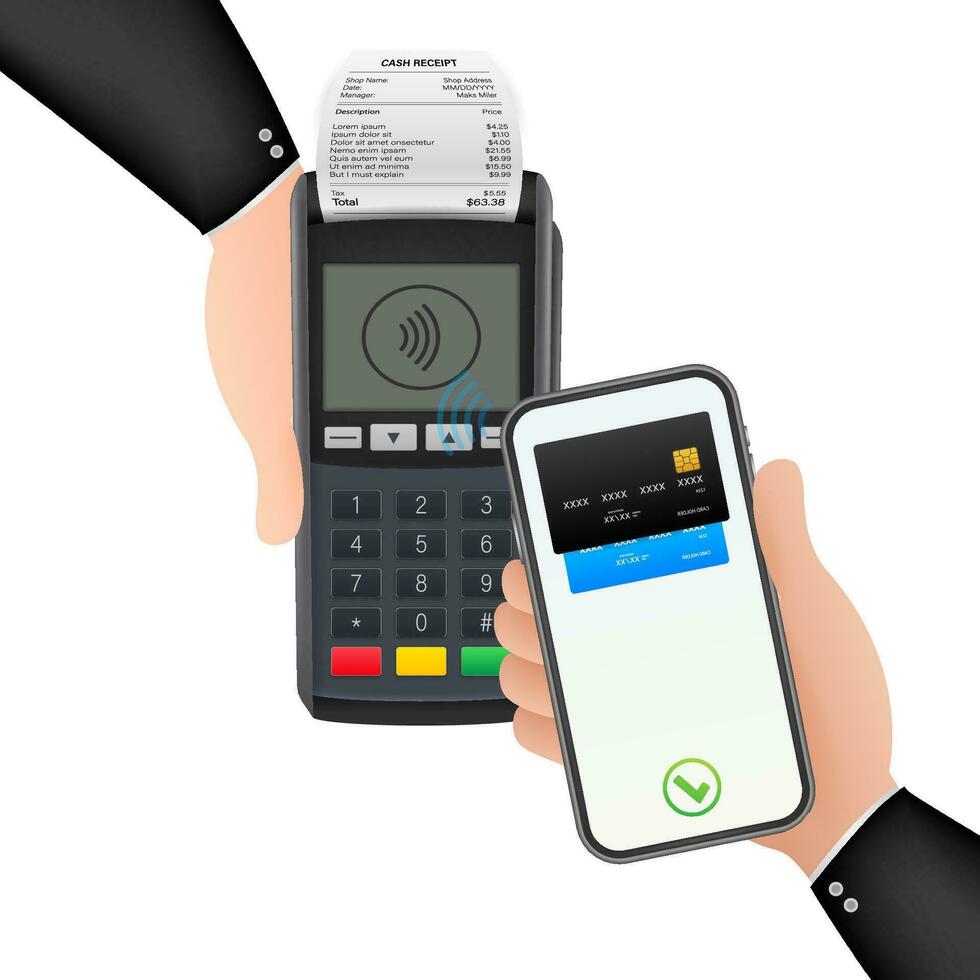 sem contato Forma de pagamento métodos Móvel inteligente telefone e sem fio pos terminal realista estilo. vetor estoque ilustração.