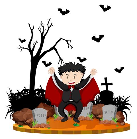 Cena do cemitério com vampiro e morcegos vetor