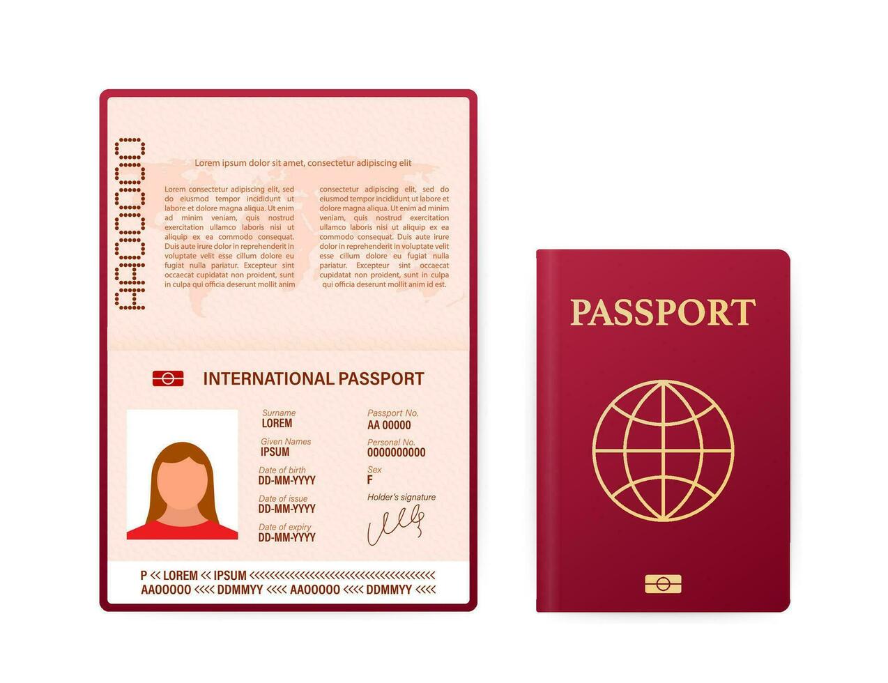 em branco aberto Passaporte modelo. internacional Passaporte com amostra pessoal dados página. vetor estoque ilustração