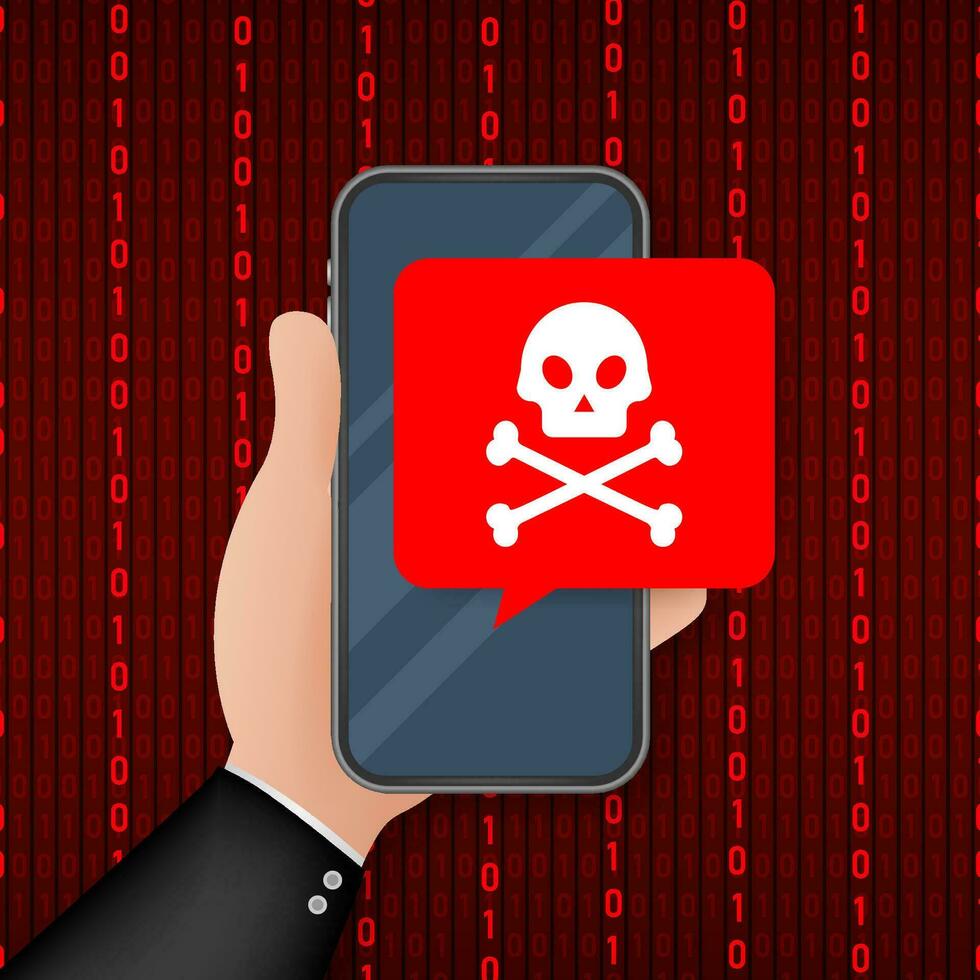 ataque. Smartphone com discurso bolha e crânio e ossos cruzados em tela. ameaças, Móvel malware, Spam mensagens. vetor estoque ilustração