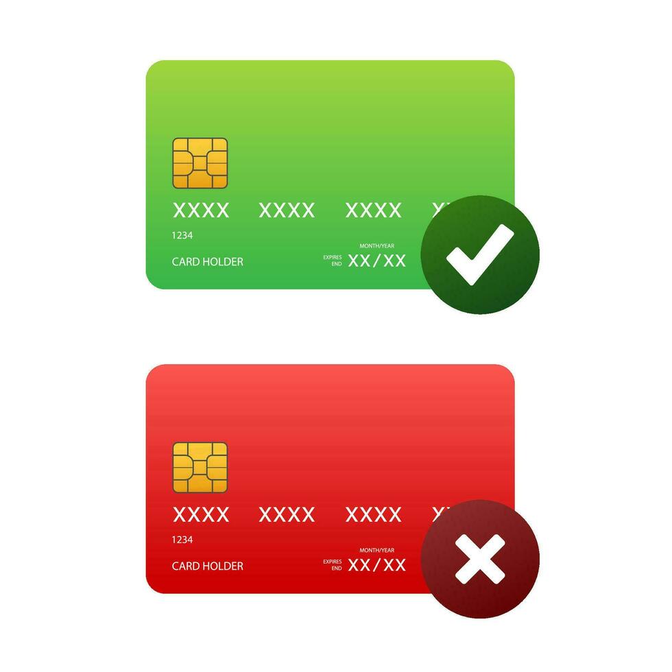 crédito cartões com aprovado e rejeitado. finança segurança transferir verificar. transação símbolo. vetor estoque ilustração