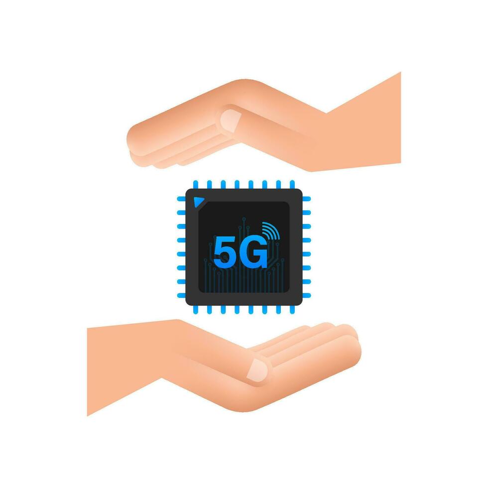 5g esim embutido sim cartão com mãos ícone símbolo conceito. Novo lasca Móvel celular comunicação tecnologia. vetor estoque ilustração