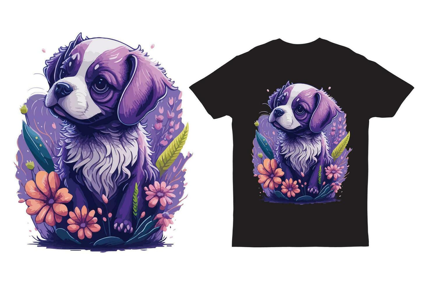 ilustração do moderno camiseta Projeto do fofa cachorro fantasia flores respingo vetor