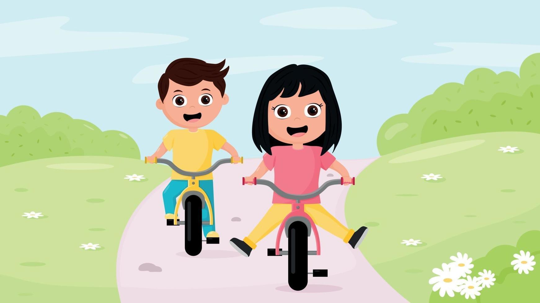 duas crianças, menino e menina, andando de bicicleta na natureza vetor