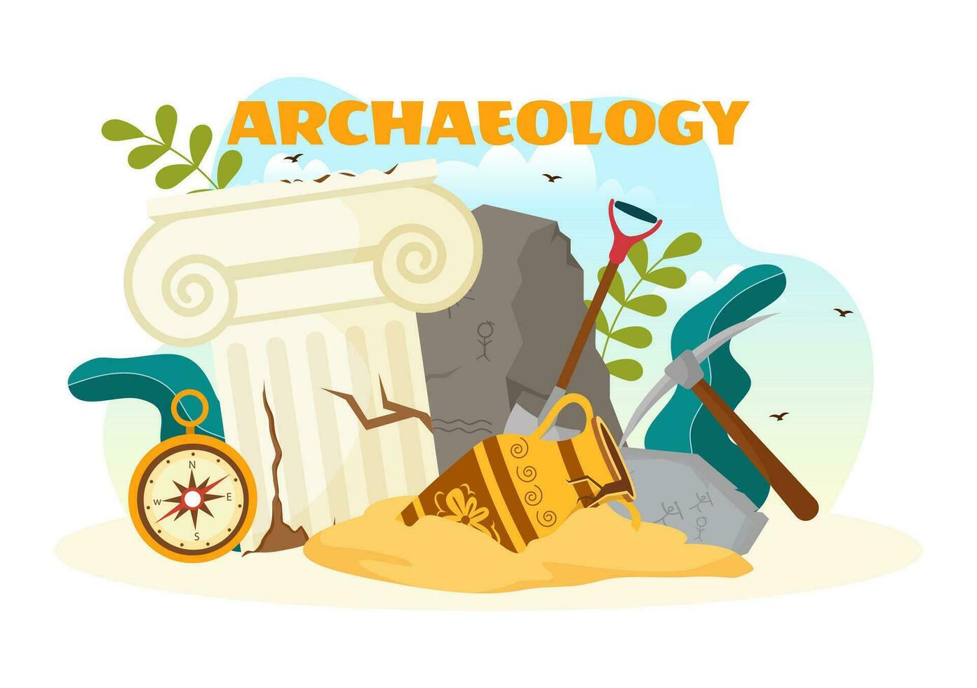 arqueologia vetor ilustração com arqueológico escavação do antigo ruínas, artefatos e dinossauros fóssil dentro plano desenho animado mão desenhado modelos