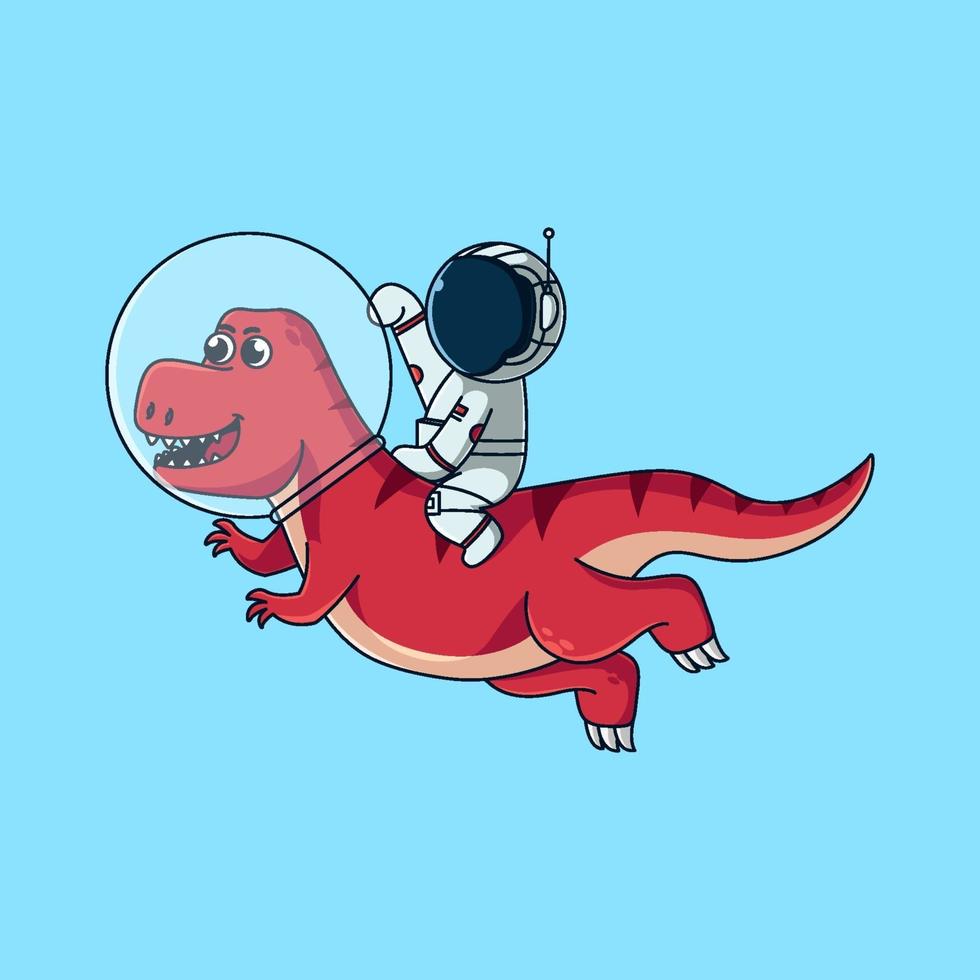 astronauta bonito voar para a lua com dinossauro. ilustração macot fofa vetor