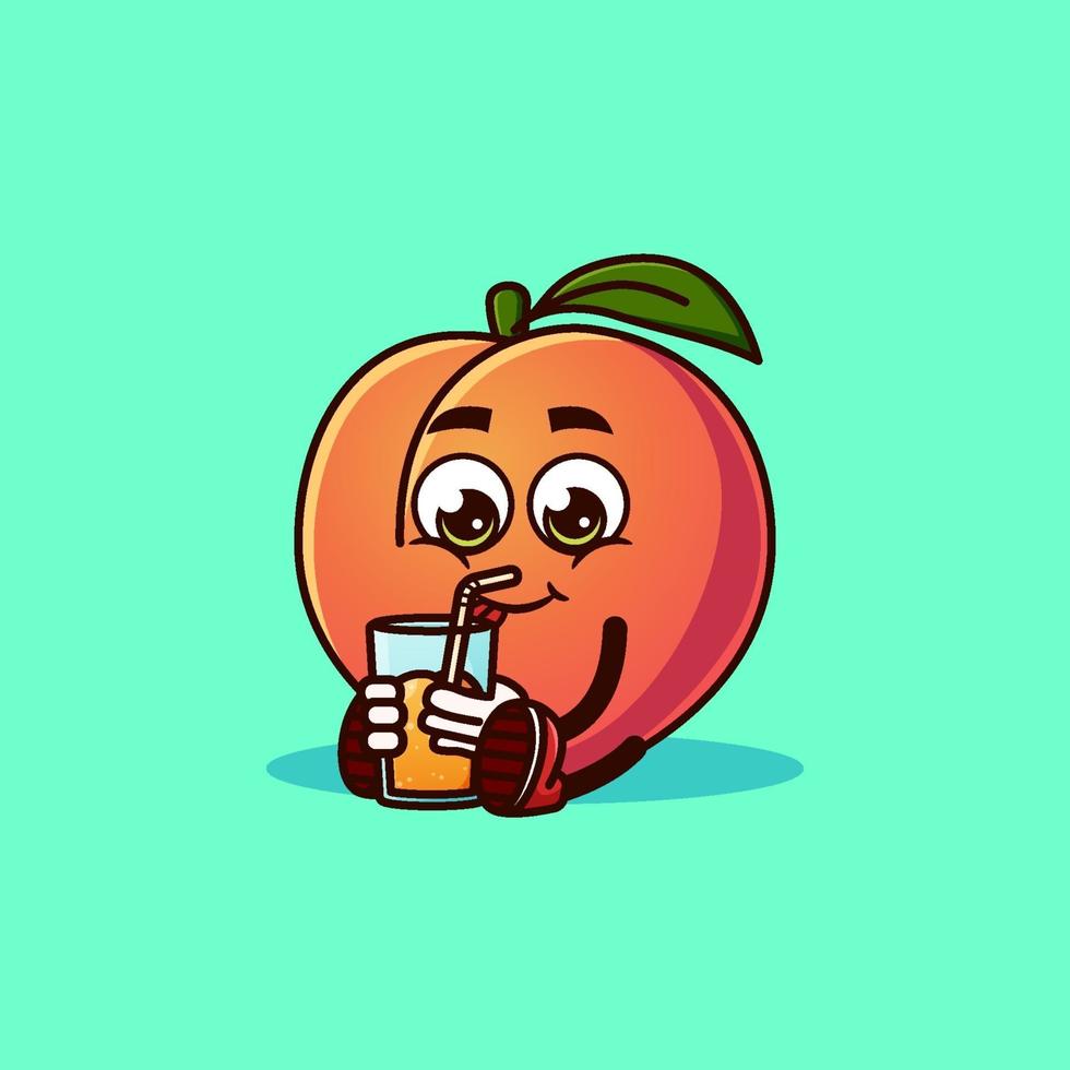 personagem de fruta pêssego bonito sentado com suco de pêssego. vetor