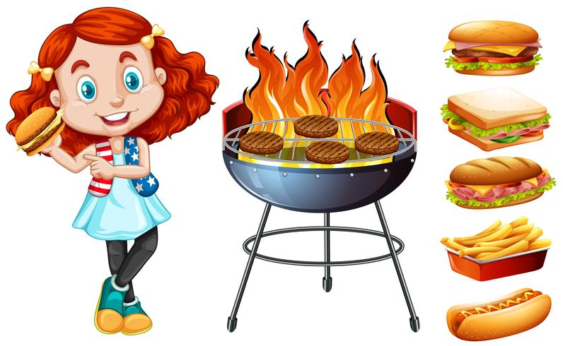 Menina e grill fogão com comida vetor