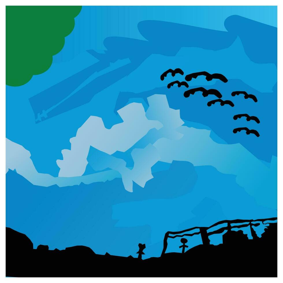 grunge panorama com vôo morcegos. azul fundo com silhuetas do montanhas e árvores vetor ilustração.