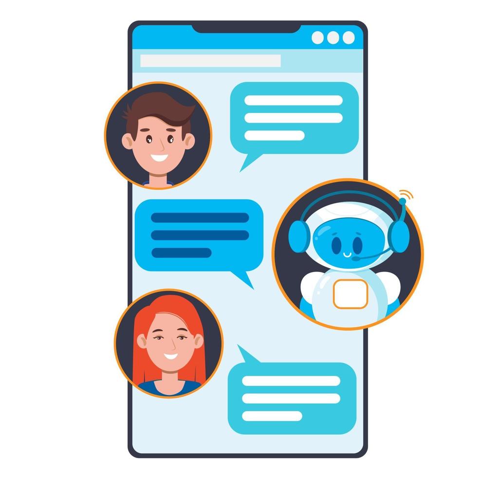 conceito de chatbot. usuários conversando com um robô fofo vetor