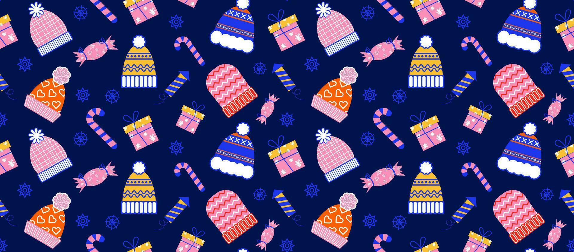 Novo ano desatado fundo com inverno roupas dentro plano retro estilo. vetor padronizar com inverno acessórios.