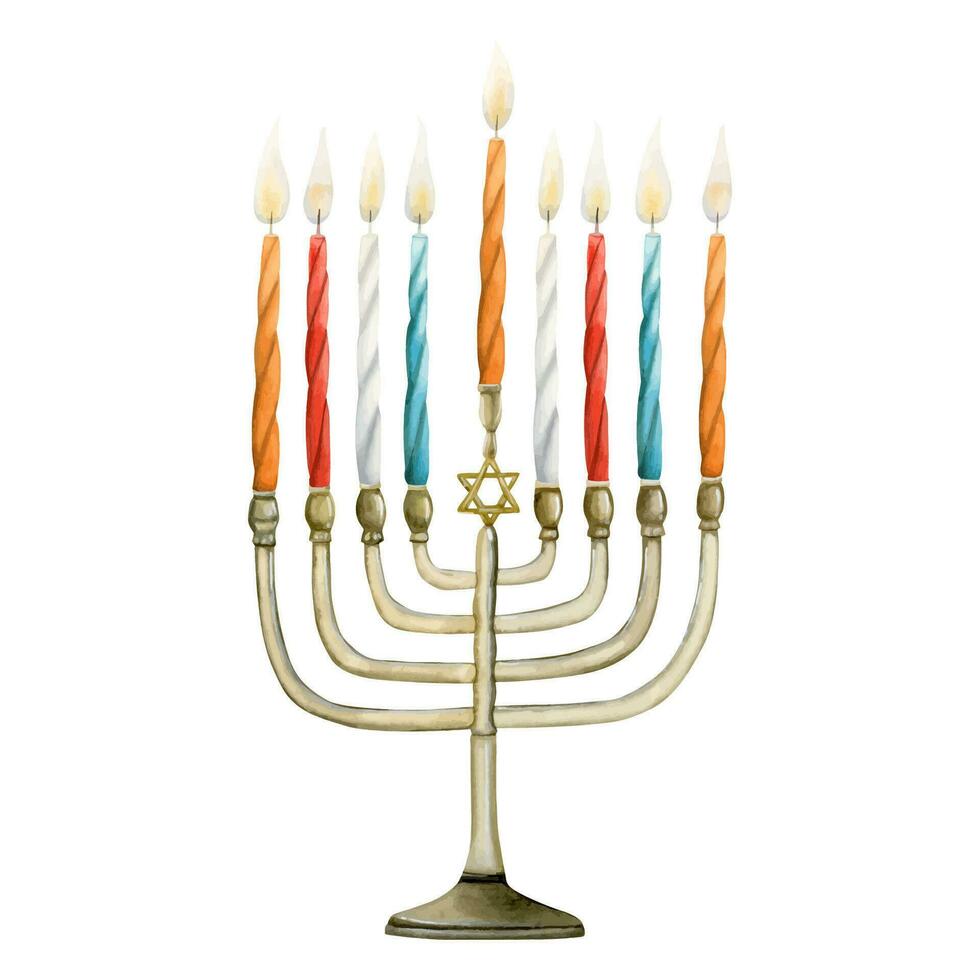 aguarela hanukkah menorah com velas vetor ilustração para Chanukkah cumprimento cartões e desenhos judaico tradicional inverno feriado, mão desenhado Hunukkiya