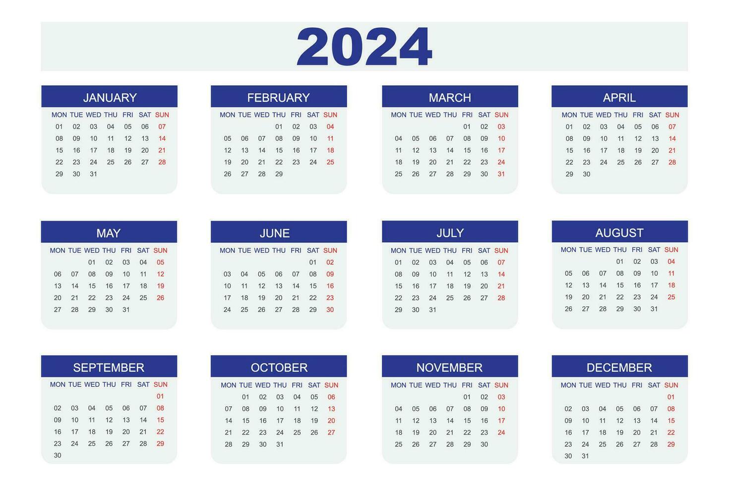horizontal 2024 parede calendário Projeto modelo. vetor