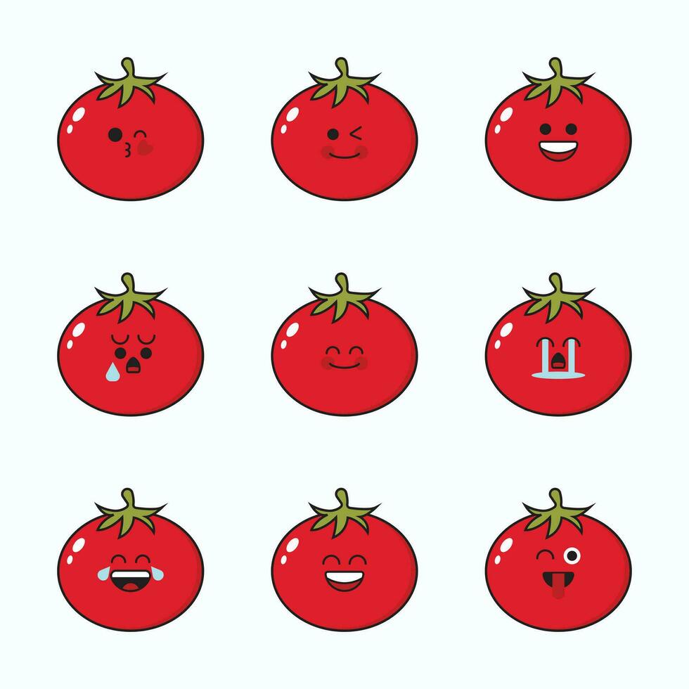 vetor conjunto do vegetal emoticons. engraçado tomate emoji com face.