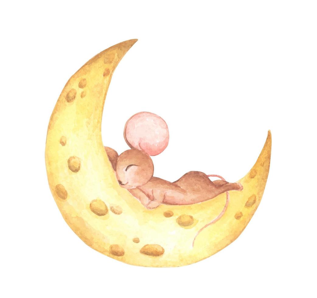 rato fofo dormindo na lua de queijo. ilustração em aquarela. vetor