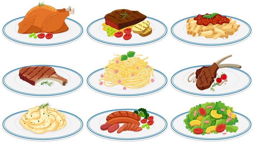 Diferentes tipos de comida nas placas vetor