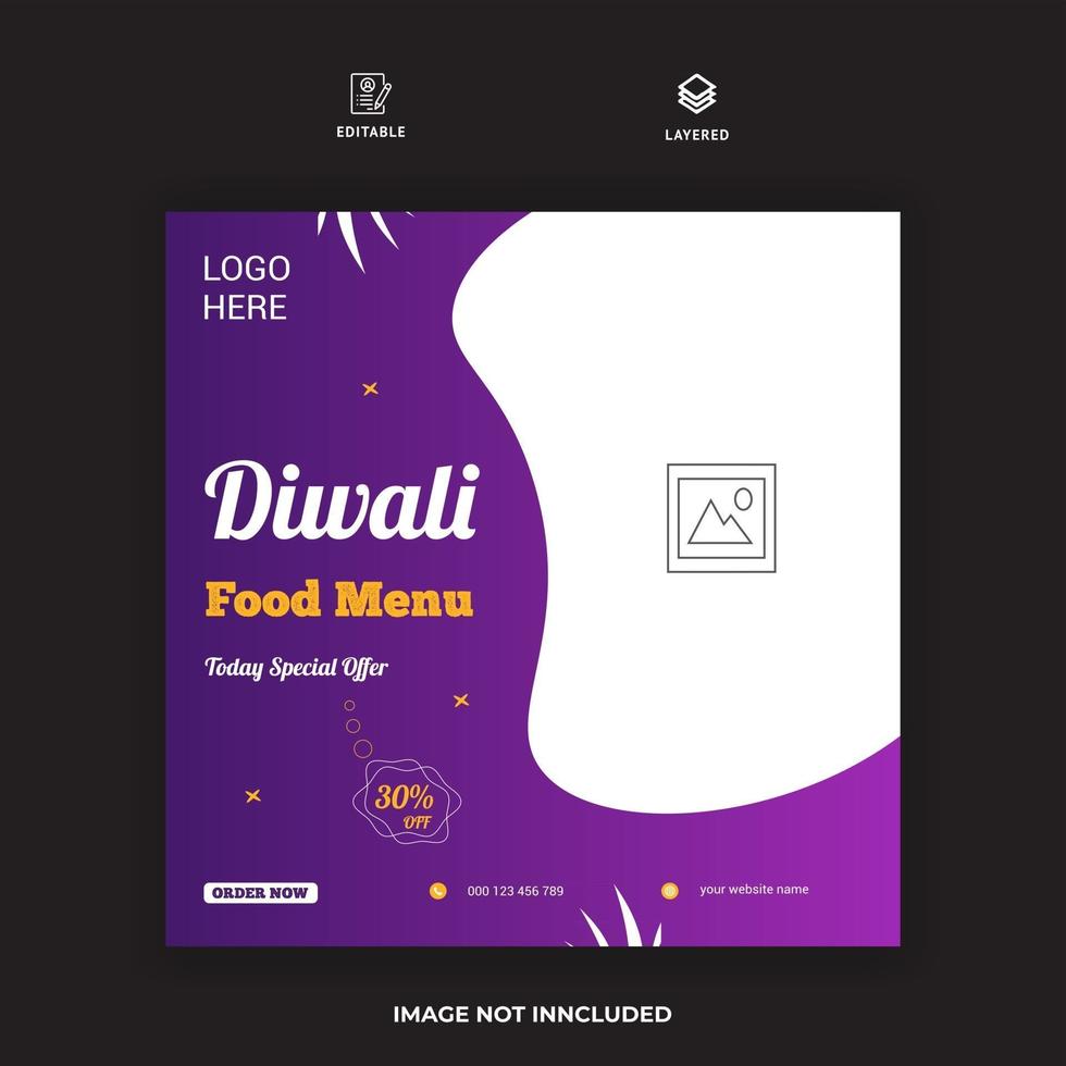 Diwali food mídia social e modelo de postagem no instagram vetor