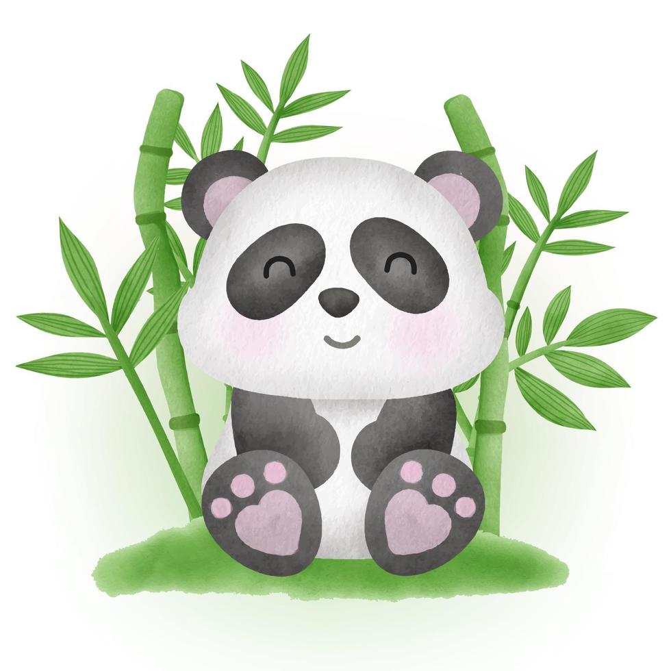 panda fofo com bambu em estilo aquarela vetor