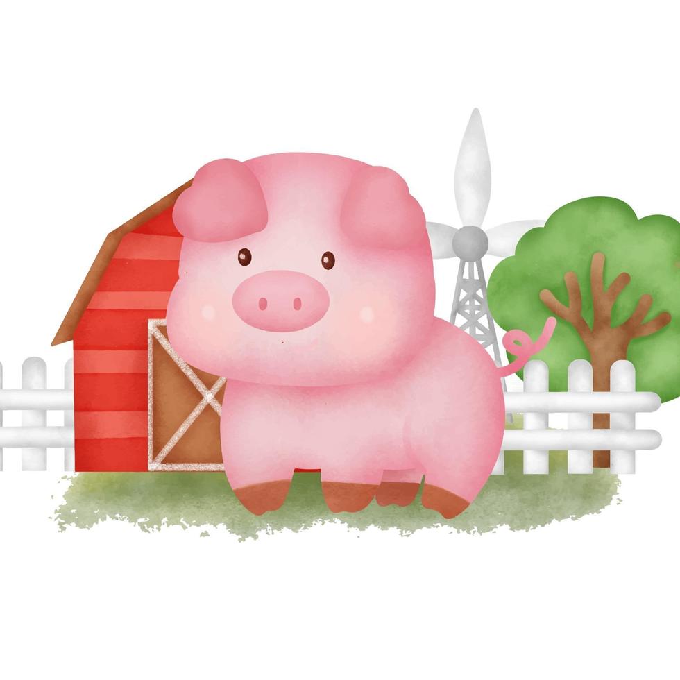 porco bonito dos desenhos animados em uma fazenda vetor