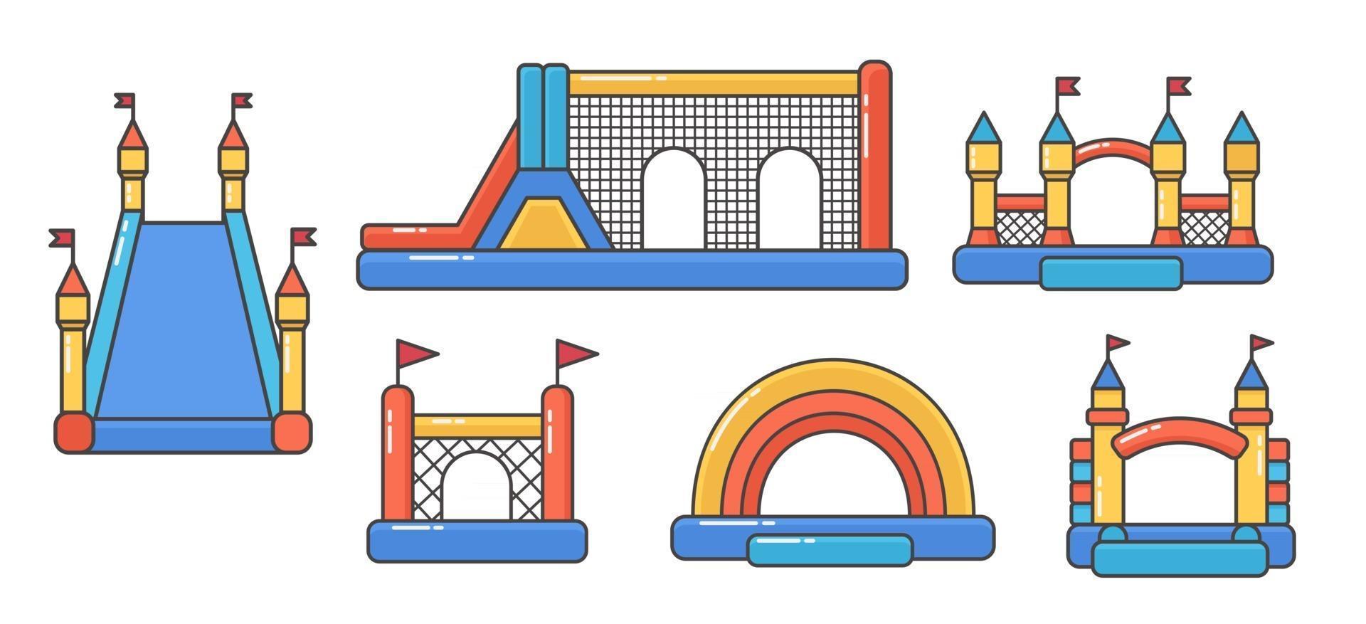conjunto de castelos infláveis infláveis. torre e equipamentos para criança vetor