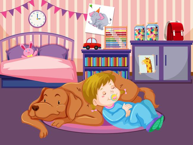 Um bebê dormir com cachorro vetor