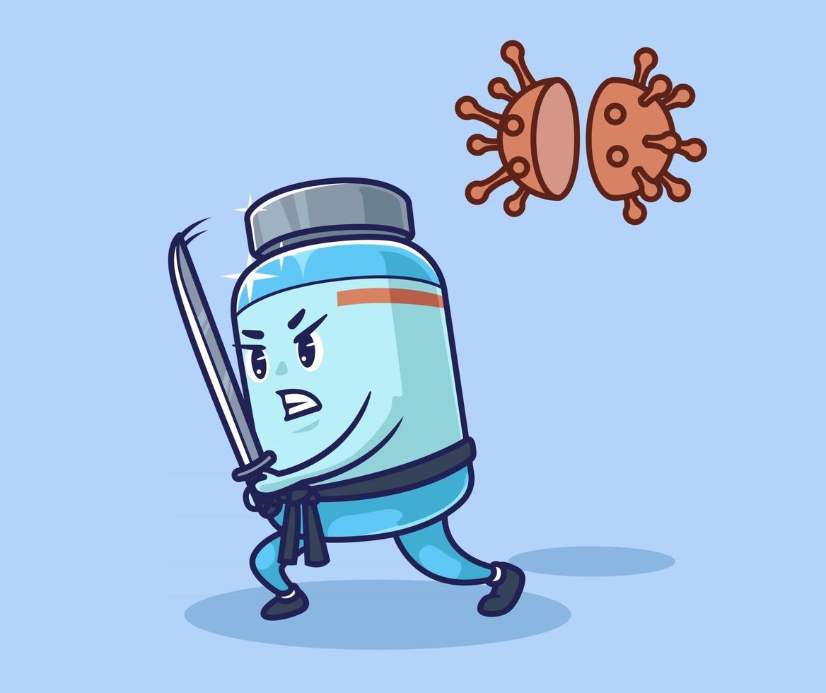 ilustração de vacina ninja vencendo vírus vetor