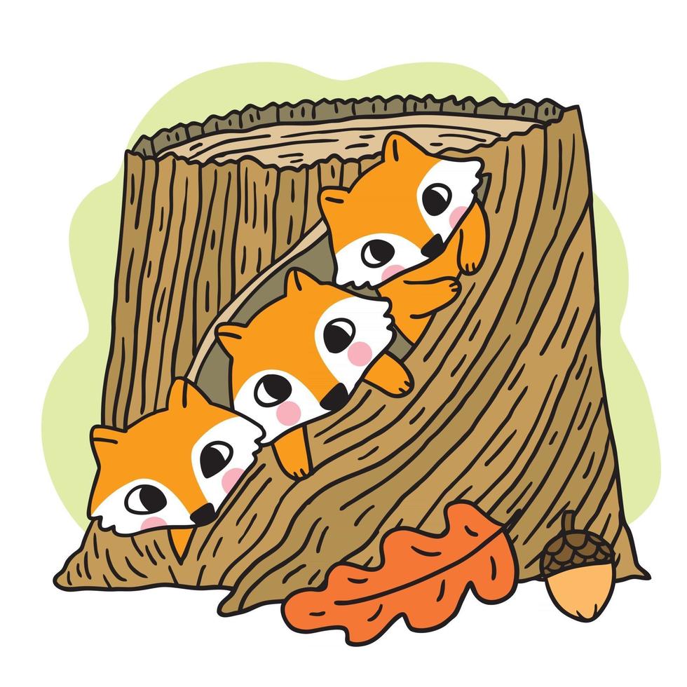 desenho bonito mão desenhar três raposas em log, vetor de outono.