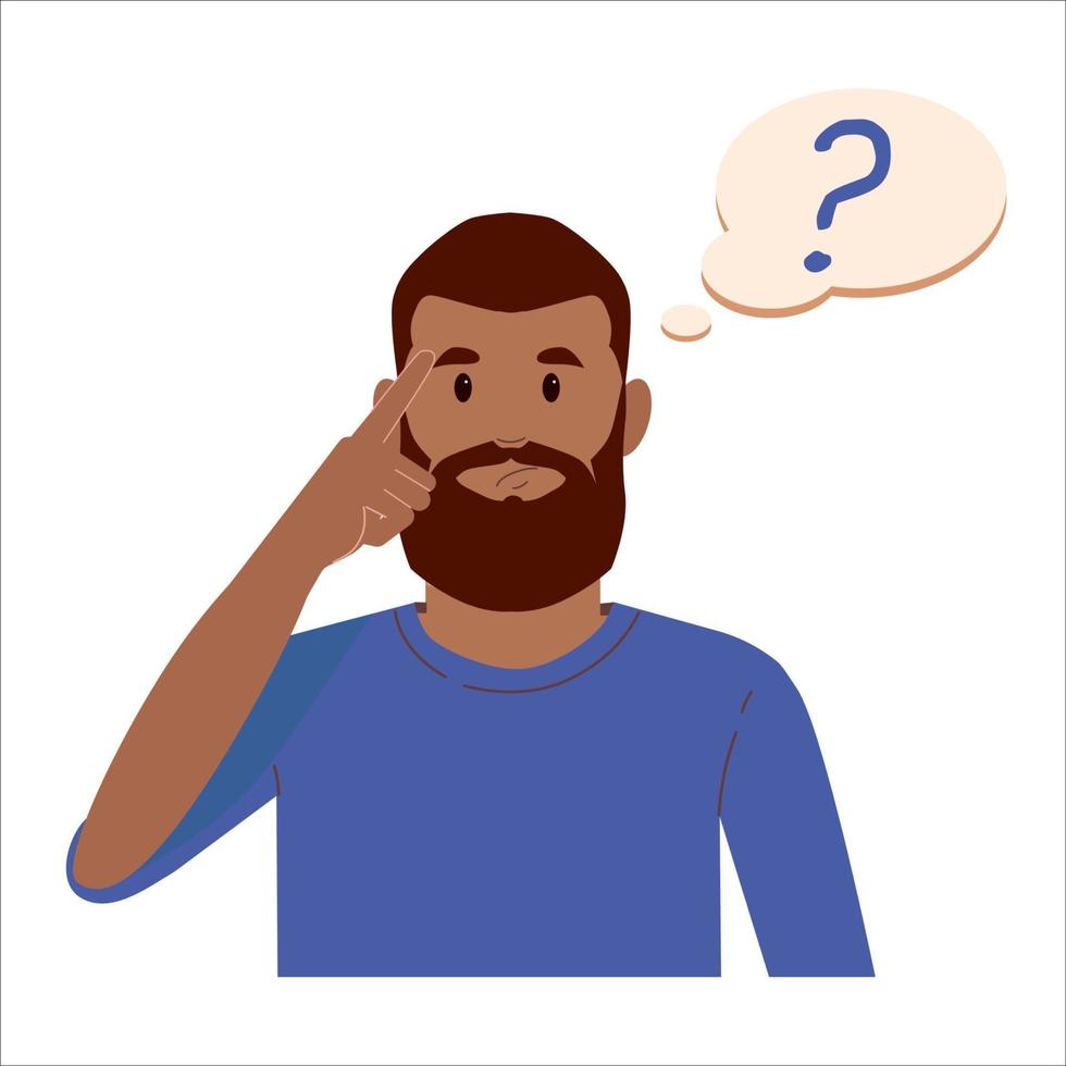 retrato de um jovem homem de barba negra com ponto de interrogação no balão de pensamento vetor