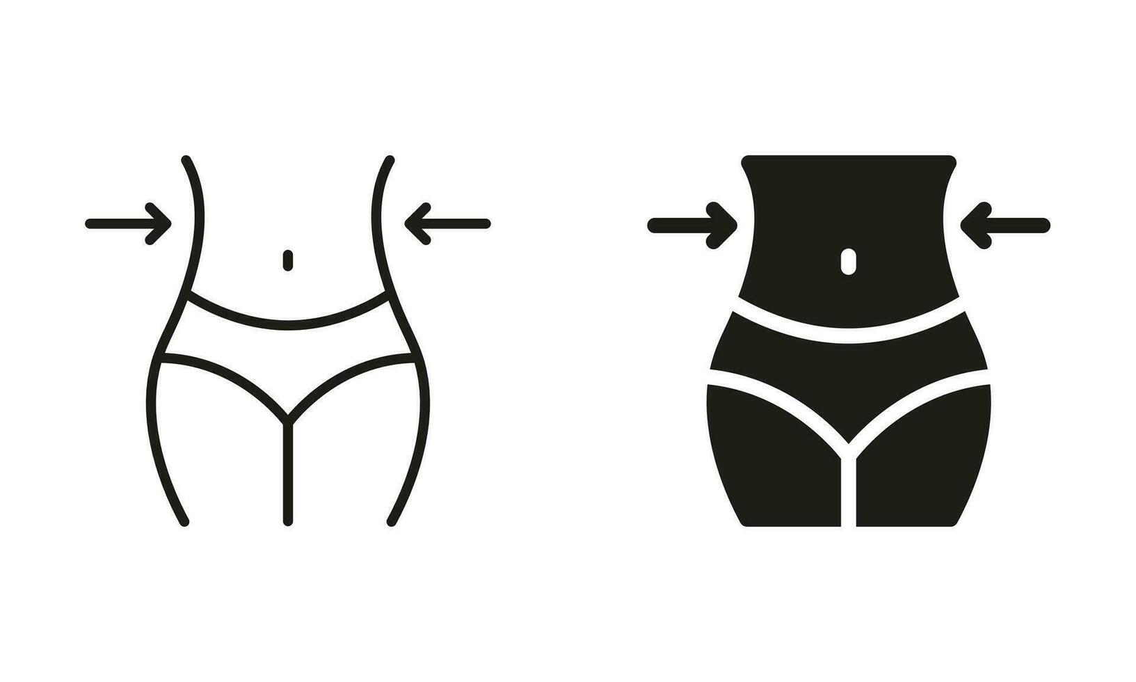emagrecimento cintura linha e silhueta Preto ícone definir. mulher perda peso pictograma. forma cintura ao controle. fêmea corpo emagrecimento símbolo coleção. isolado vetor ilustração.