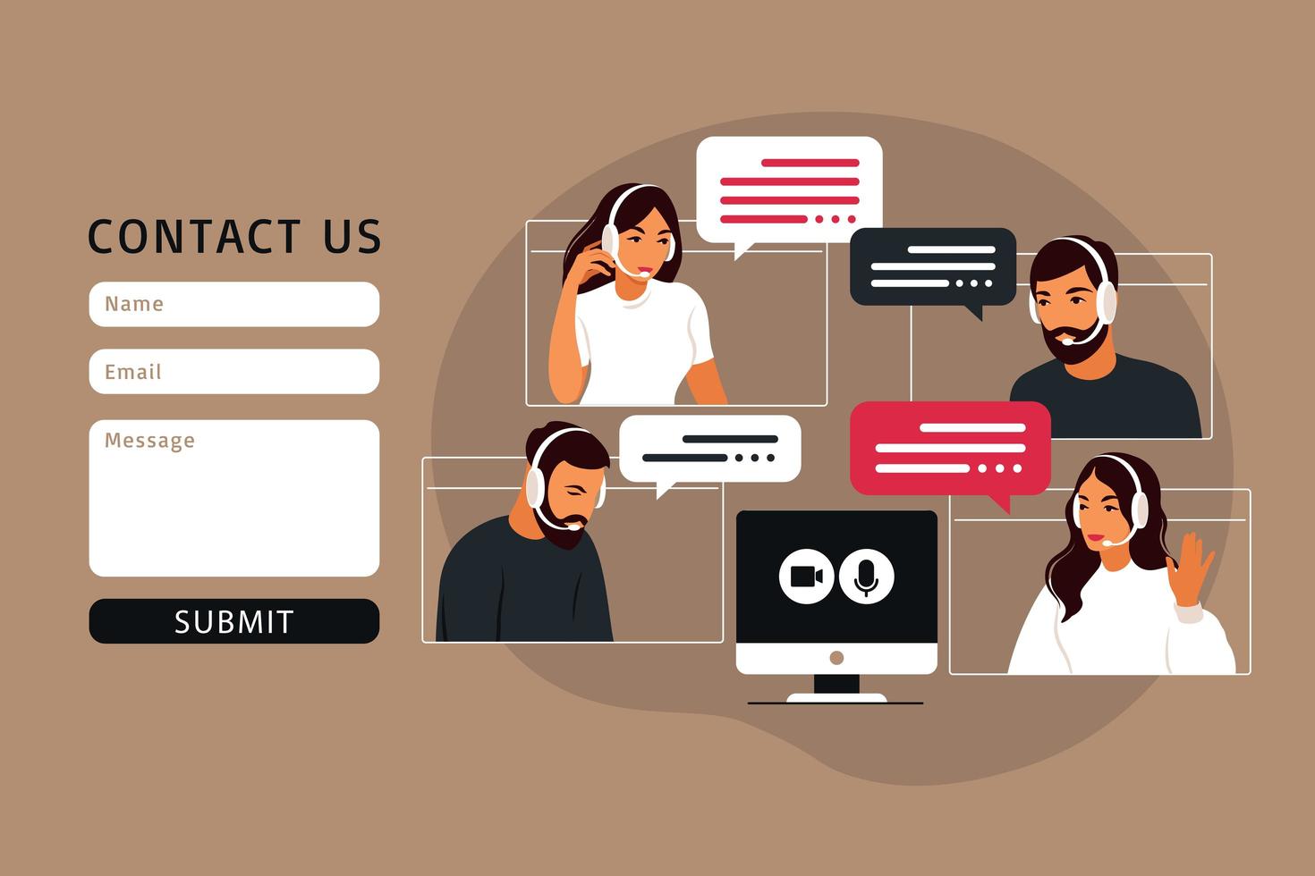 contacte-nos modelo de formulário para web. videoconferência do grupo de pessoas. vetor