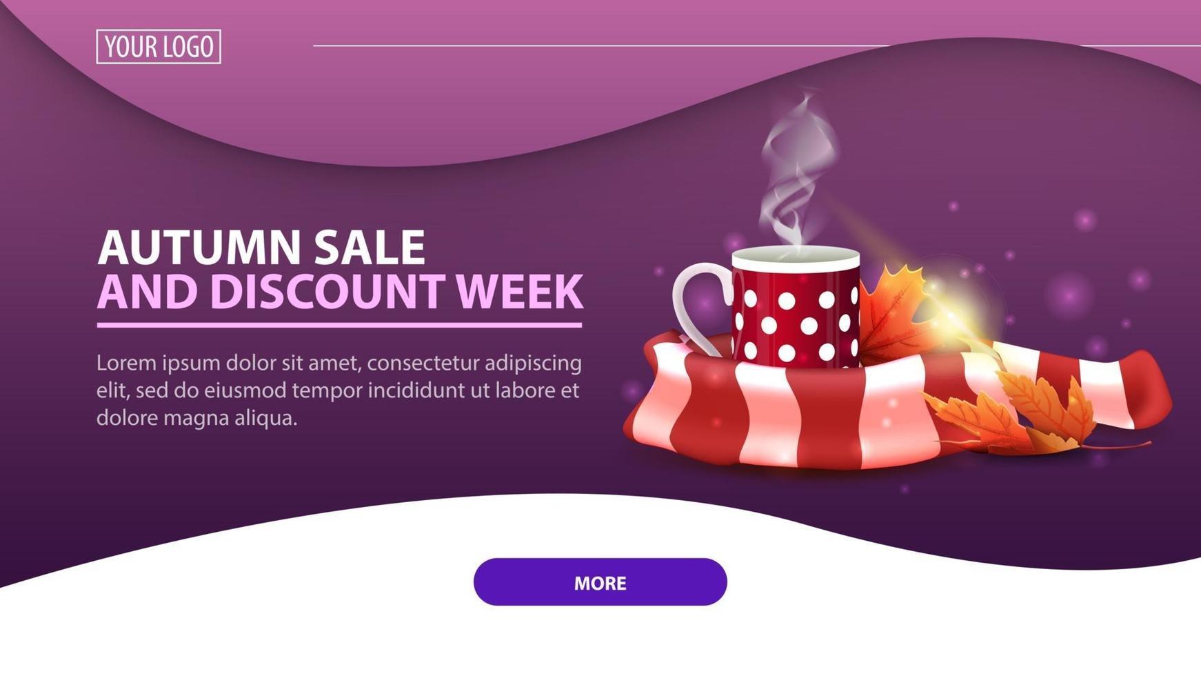 venda de outono e semana de descontos, banner para o site com caneca de chá quente vetor