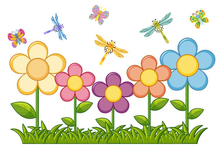 Borboletas e libélulas no jardim de flores vetor