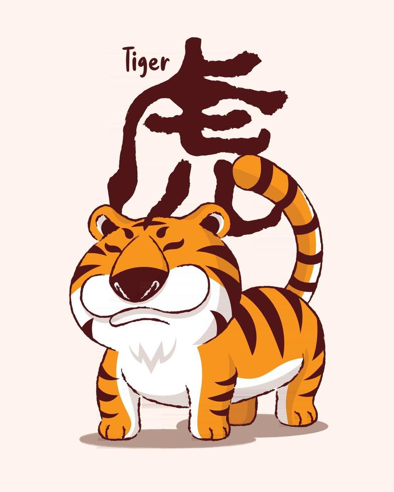 desenho de tigre gordinho de estilo oriental com título de tigre chinês grande vetor