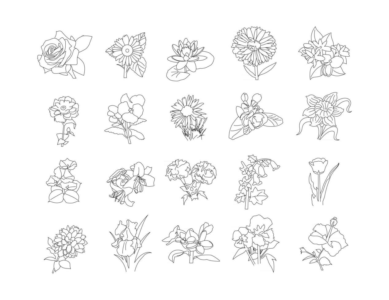 conjunto de flores, conjunto de clip-art de desenho em linha rosa vetor