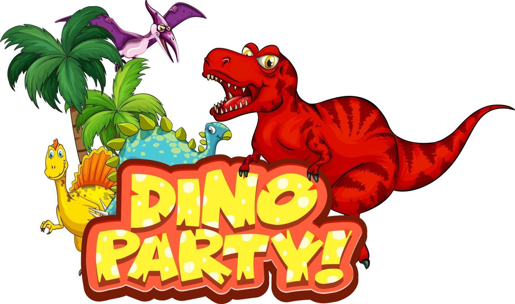 personagem de desenho animado de dinossauros fofos com banner de fonte da festa de dinossauros vetor