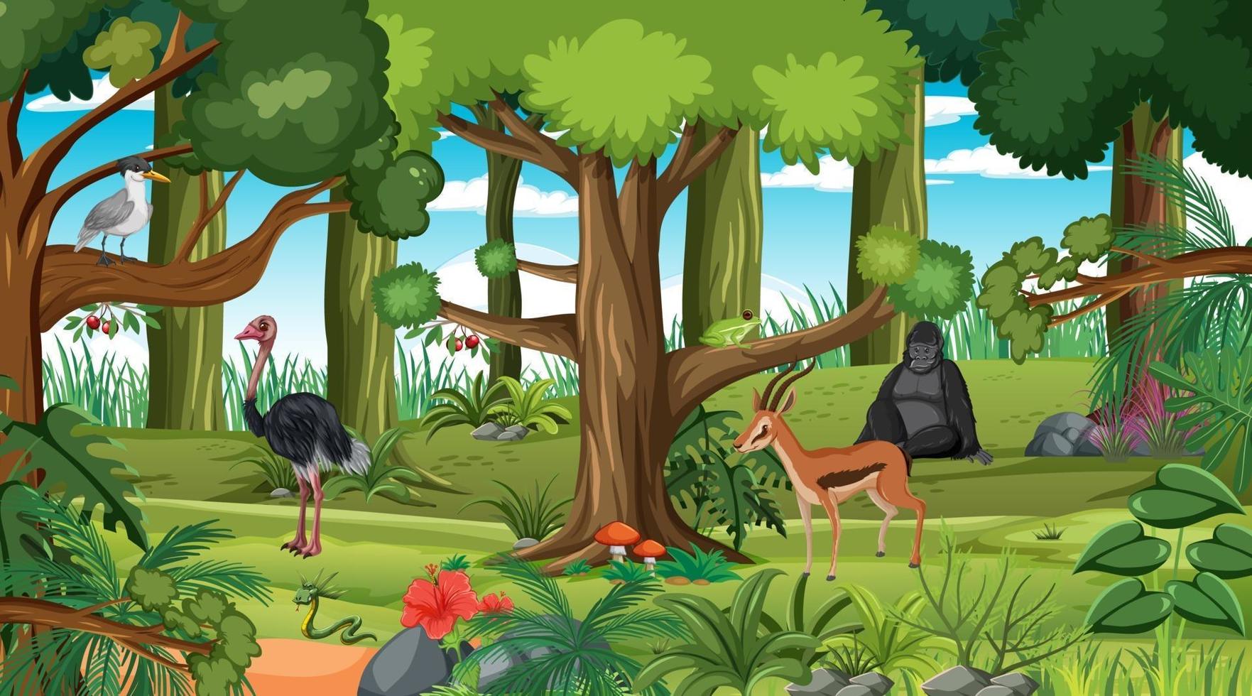 cena da floresta com diferentes animais selvagens vetor