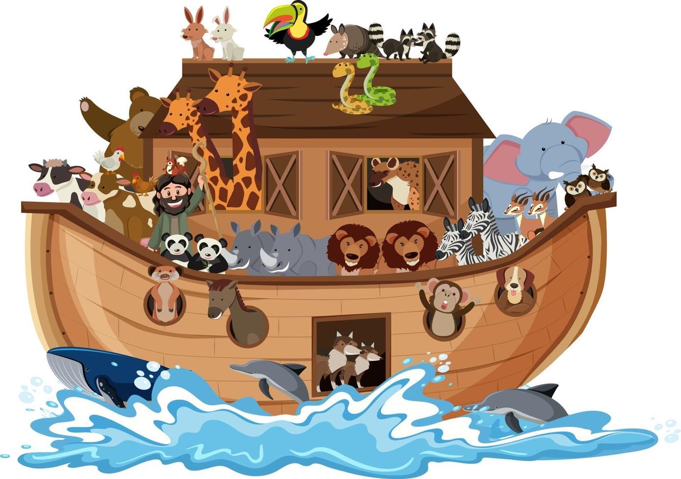 arca de noé com animais na onda de água isolada no fundo branco vetor