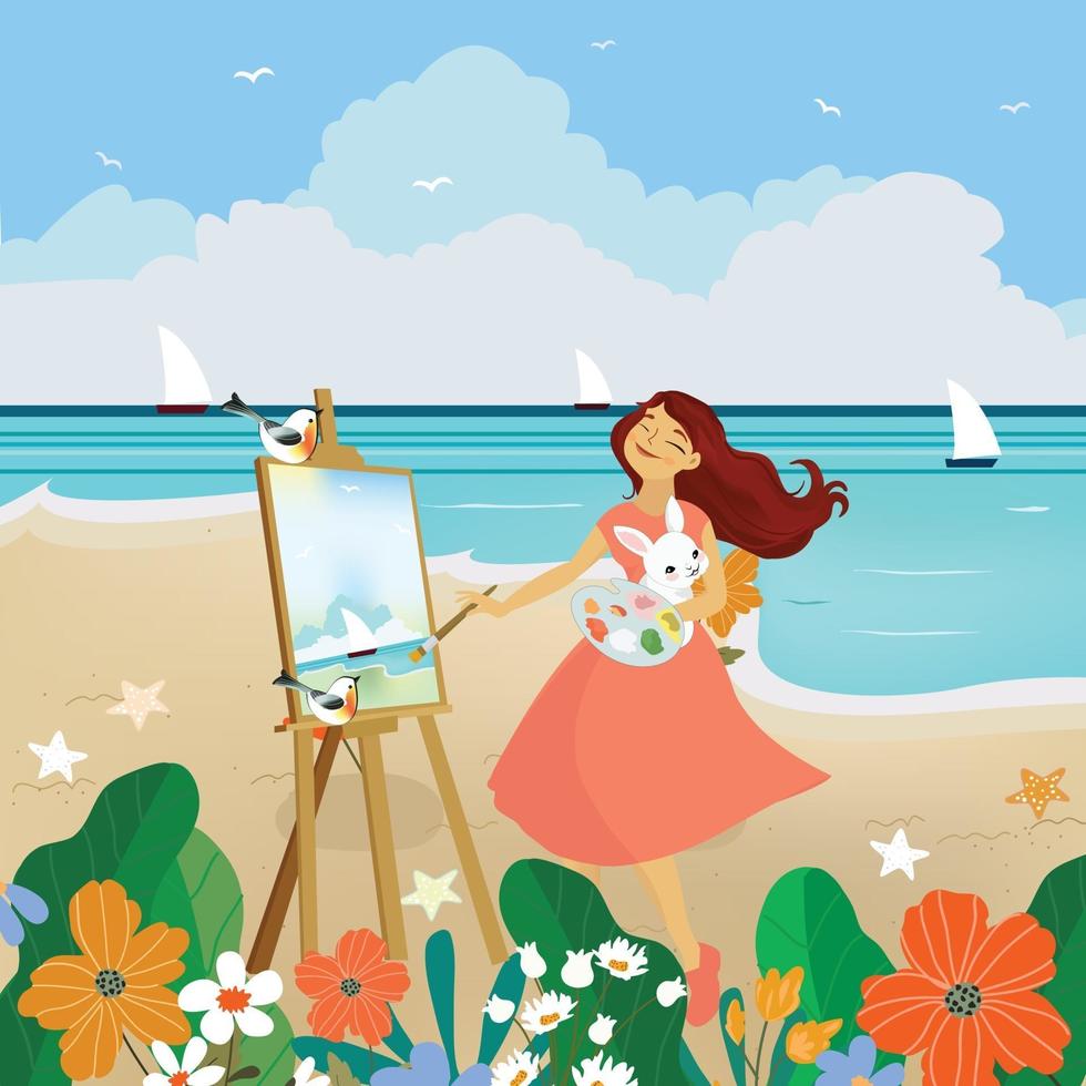 mulher adorável desenhando na praia de verão vetor