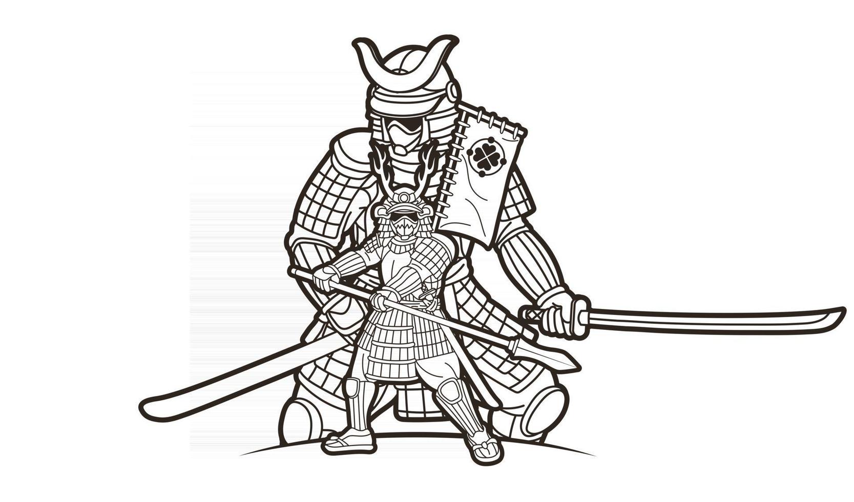 guerreiro samurai com arma pronta para lutar contorno vetor