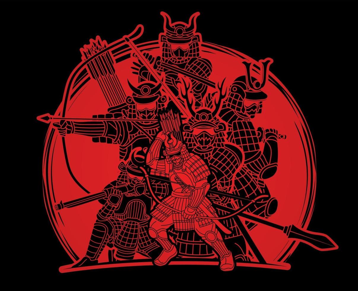 grupo de guerreiro samurai pronto para lutar contra a ação no fundo do sol vetor