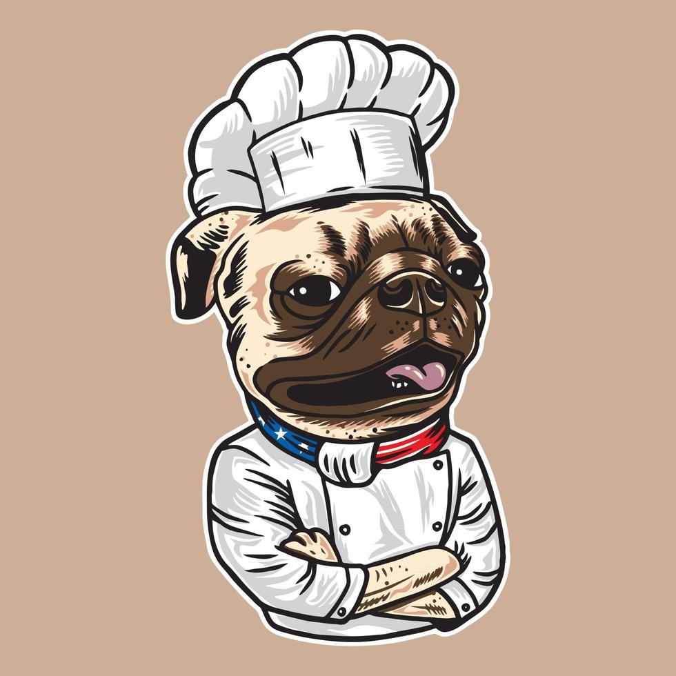 Ilustração em vetor cão pug chef com estilo vintage isolado